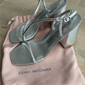Stuart Weitzman Silver Crystal-Strap Block Heels sandals size 10